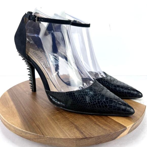 EUC Sam & Libby Dahlia Spike Stud Black Vegan Snake Ankle Pointed Heels 8 Retro - Picture 1 of 10